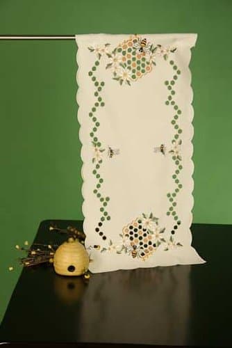 HONEY BEE & FLOWERS 36" EMBROIDERED TABLE RUNNER - HAND CUT WORK - DINING ROOM - KITCHEN - HOME DECOR - CENTER PIECE - PARTIES - WOMENS GIFTS