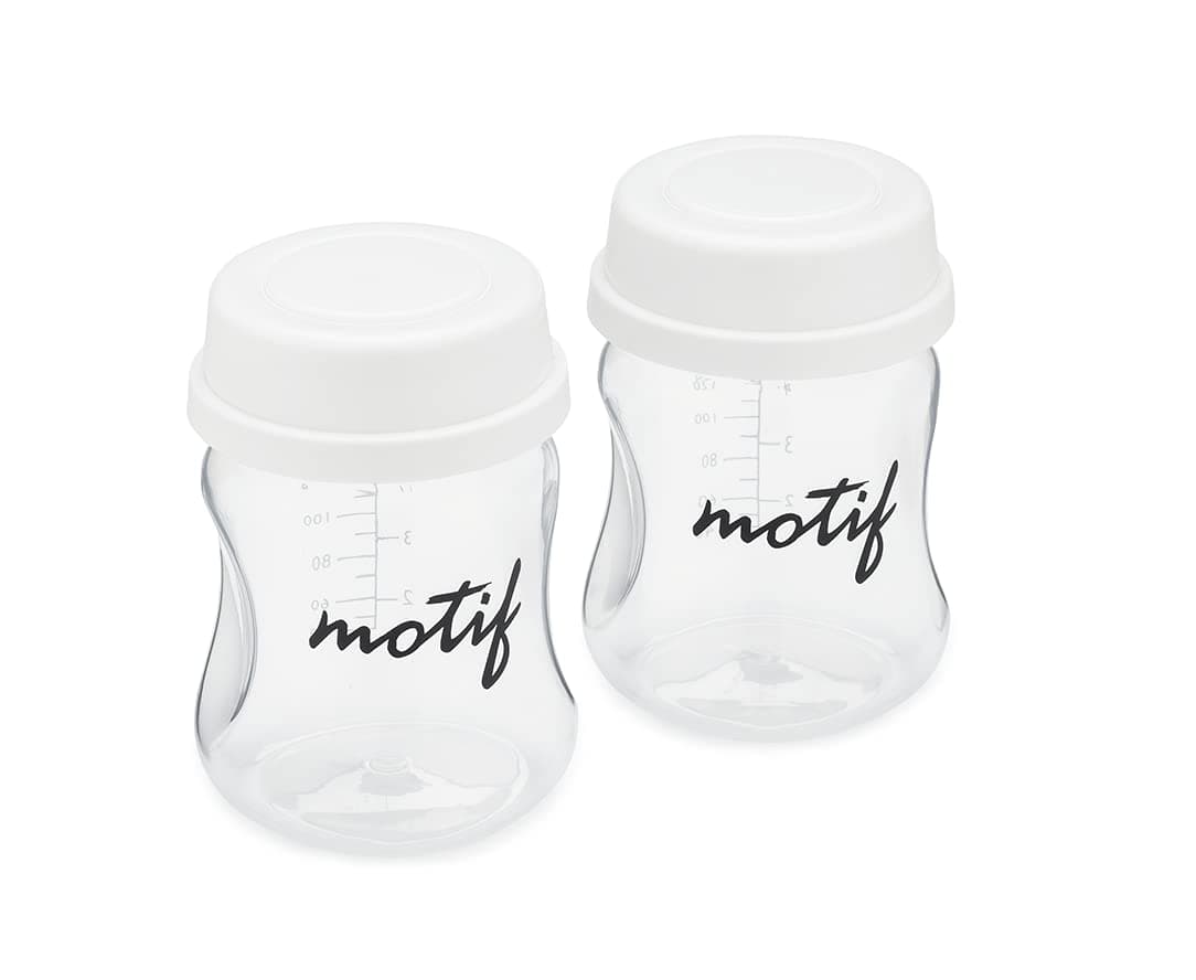 Motif Medical Breast Milk Storage Bottles for Twist Breast Pump - Durable Plastic Breastfeeding Essentials w/Locking Rings, Lids & Nipple Caps - Breast Milk Container (Set of 2, 140 ml)