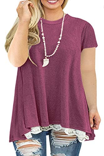 Women's Plus Size Tunics Short Sleeve Lace Swing Tunic Shirt Tops Wine Red 16W