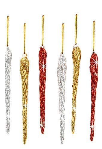 Christmas Icicle Ornament Set, Glass Xmas Ornaments for Christmas Tree Decorations, Hanging Icicles, Set of 6, Gold, Silver and Red Glitter Ornaments