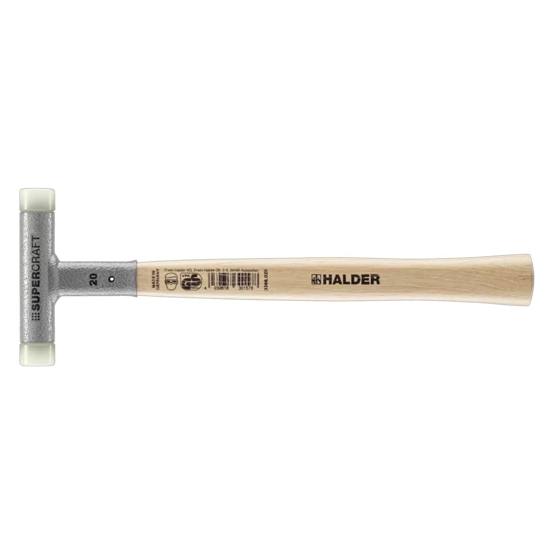 Halder SuperCraft Dead Blow Mallet 3366.020 - Non-Rebounding Mallet, Hard Nylon Inserts, Hickory Wood Handle with Overstrike Protector, 20mm, .5 lbs.