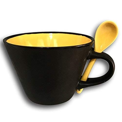Contemporary Mug Soup Coffee Tea TwoTone Cup with Attaching Spoon Home Dining Kitchen Ceramic Mugs Cups Yellow 12 Ounce
