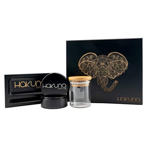 Hakuna Supply Premium Lockable Stash Box - Hinged Lid, Locking Storage Kit w/ Smell Proof Glass Jar, Rolling Tray, & 2 Doob Tubes, King Palm Wraps - Engraved Bamboo Lid (Black, Geometric Elephant)