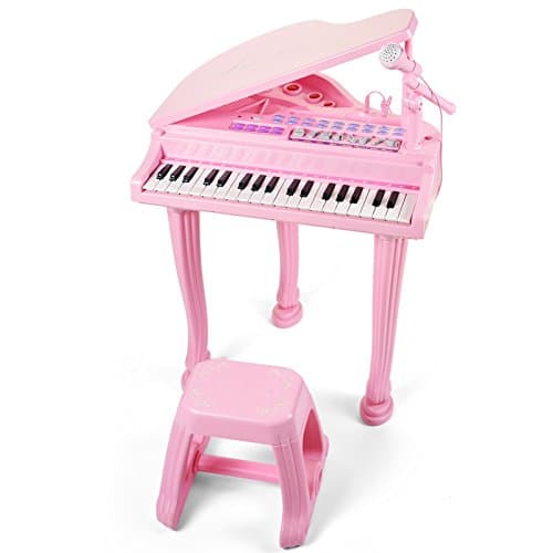 Princess Piano Pink Grand Musical Multifunction Electronic Keyboard with Bench and Microphone for Baby Girl Child Toddlers 37 Key