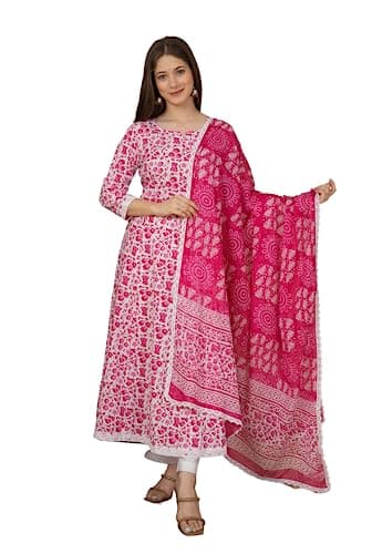 MEERA FAB Women's Cotton Printed Anarkali Kurta with Palazzo & Dupatta Set