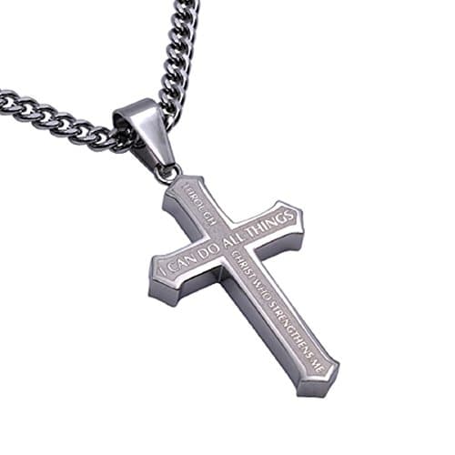 Spirit and TruthChristain Men's Stainless Steel Cross Necklace, Bible Verse Philippians 4:13 CHRIST MY STRENGTH Scripture Jewelry on Curb Chain 24"