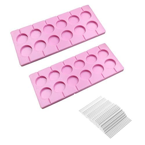 Bettli 2x12-Capacity Round Chocolate Hard Candy Silicone Lollipop Molds with 140 count Lollypop Sucker Sticks for Halloween Christmas Parties