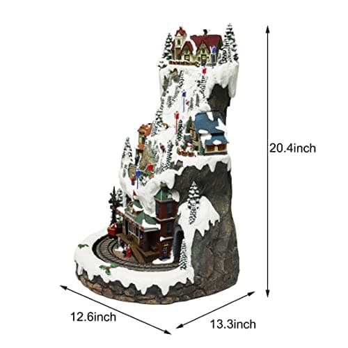 MOMENTS IN TIME Animated Ski Resort Mountain Christmas Village 20.5”H LED Lights, Music & Moving Train Hand-Painted Holiday Decoration with Power Adapter