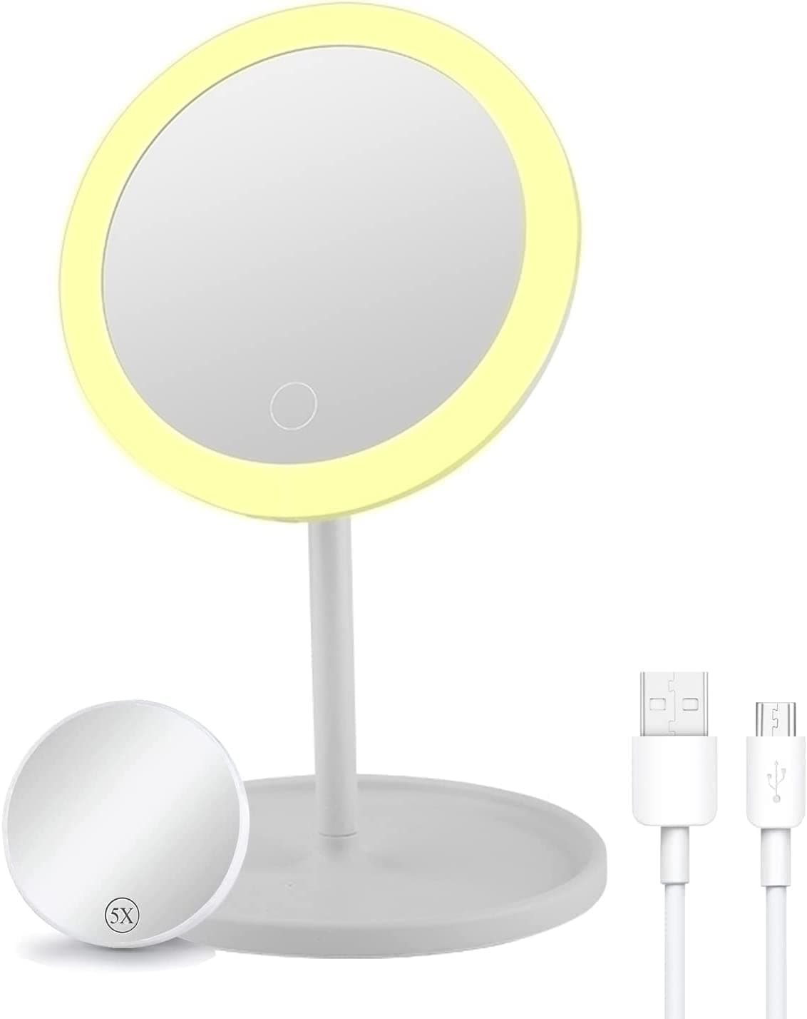 Vanity Mirror with Lights and 5X Magnifying Mirror, 3 Colors Lighting Touch Screen Dimming Makeup Mirror with Detachable Storage Tray, Portable Cosmetic Mirror for Travel (White)