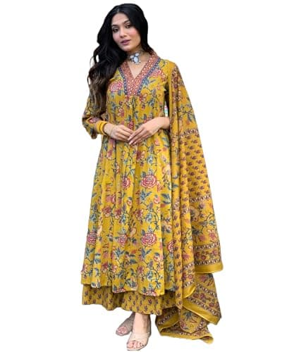 GoSriKi Women's Kurta Made of Viscose, Anarkali, Printed, Palazzo and Dupatta