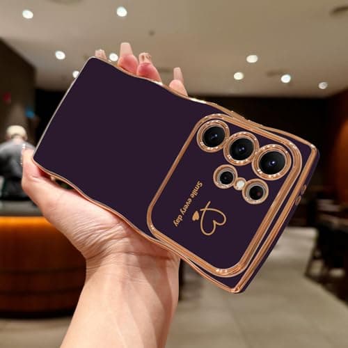LCHULLE for Samsung Galaxy S24 Ultra Case,Cute Wave Frame Curly Shape Love Heart Phone Case for Women Girls,Luxury Plating Shockproof Protection Cover for Samsung S24 Ultra,Dark Purple