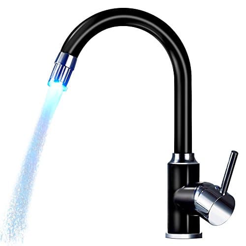 ROVOGO LED Kitchen Faucet with 3 Colors Changing LED Light Aerator, High-arc 360 Degree Swivel Spout Kitchen Mixer Tap, Single Handle Single Hole Deck Mounted Brass Faucet, Black