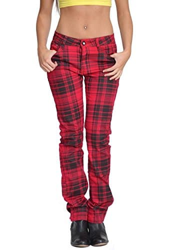 Tartan checked punk rockability skinny jeans - red & black