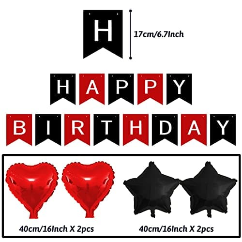 ZERODECO Birthday Decorations - Black & Red Party Decorations with Happy Birthday Banner, Pompoms, Balloons for Boys, Girls, Men & Women