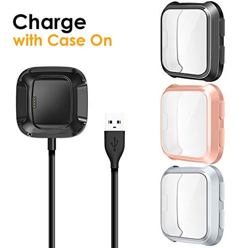 EZCO [3+1 Pack] Screen Protector Plus Charger Compitible with Fitbit Versa, Exclusive Charging Dock Cable (Can Charge Case On) Soft TPU Full Coverage Case Cover Bumper for Versa (Not for Versa 2)