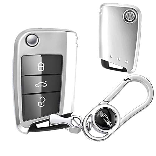 Key Fob Cover for VW Volkswagen, Soft TPU Key Fob Case All-Around Protector Plating Shell Fit VW Accessories Tiguan Passat Golf GTI Skoda Octavia LaVida Sagitar Lamando Touran Key Fob - Sliver