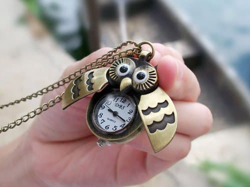Sellingpillar Bronze Tone Owl Carved Case Pocket Chain Necklace Watch