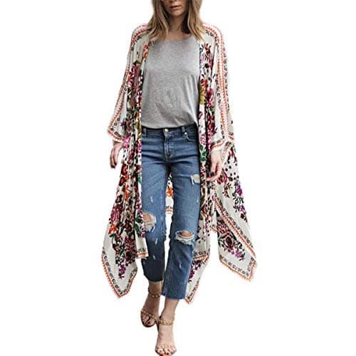 Women's Cardigan,Ladies Long Open Front Floral Chiffon Shawl Kimono Loose Cover up Shirt