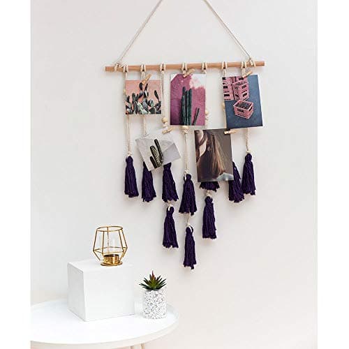 IcosaMro Wall Photo Display Macrame Wall Hanging Boho Bohemian Decor Art Picture Hanger for Home Living Room Dorm,Purple& 25 Wood Clips