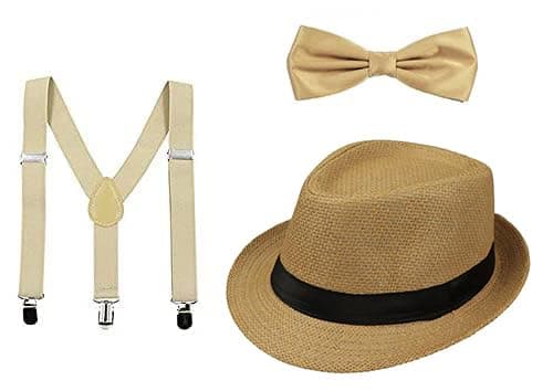 CLOTHERA Suspender and Bow Tie Set with Matched Straw Hat for Kids 4yrs to 10yrs- Beige