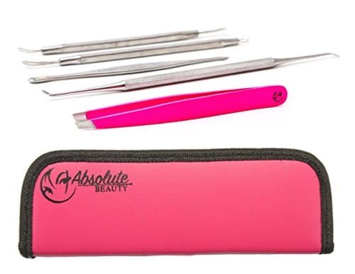 Best Quality Blemish & Blackhead Remover Kit Comedone Extractor with Tweezers-Professional Quality Blackhead Extractors and Eyebrow Tweezers-Hot Pink-Skin Care Kit-Blemish Tools-Comedone-Acne-Bla.