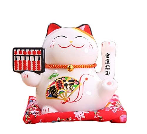Chinese Feng Shui White Lucky Waving Cat Figure With Moving Arm Maneki Neko Waving Fortune Cat L16*W14*H16cm, D
