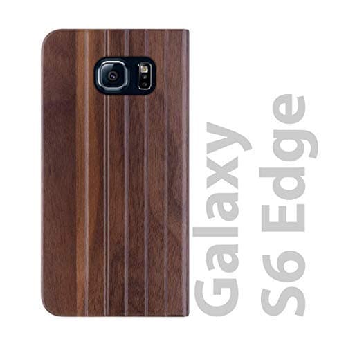 iATO Samsung Galaxy S6 Edge Book Type Case - Real Walnut Wood Grain Premium Protective Front & Back Cover Galaxy S6 Edge - Unique Folio Flip Wooden Bumper Accessory for Samsung Galaxy S6 Edge 5.1-inch