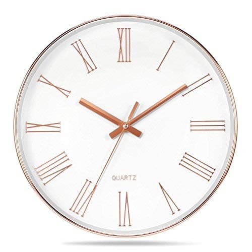 12 Inch Modern Wall Clock, Silent Non-Ticking Quartz Decorative Battery Operated Wall Clock for Living Room Home Office School Rose Gold Plastic Frame Glass Cover(Rose-Gold,Roman Numerals)