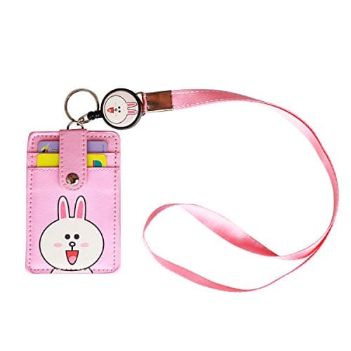 HASFINE Cute ID Badge Holder Retractable Reel Clip with Heavy Duty Carabiner and Key Ring 3 Card Holder Case Wallet for Girls Teens Women (Pink 3 - Rabbit)
