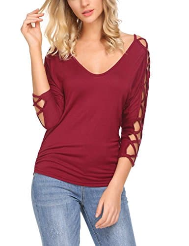 Women Cold Shoulder Tops V Neck Cut Out Shirts 3/4 Sleeve Open Back Summer Casual Blouse Tunic Tops