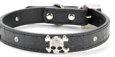 Black Skull Collar More Than 3/4" Wide - Pet Dog Cat Faux Leather Sparkle Gemstone Black Collar, Metallic Crystal Rhinestone Gem Dog Collar with Rhinestone Buckle - For the Best Fashion Pet Pal (M)