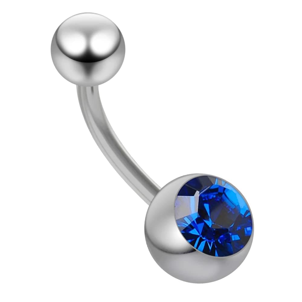 Curved Barbells Blue Sapphire Crystal Stone 14 Gauge Grade 23 Solid Titanium Belly Button Ring Jewelry