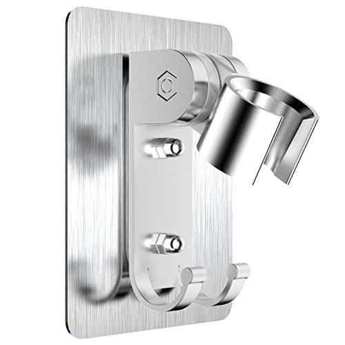 Adhesive Shower Head Holder,Adjustable Shower Wand Holder,Handheld Shower Head Wall Mount Bracket With 2 Hanger Hooks,Showerhead &Bidet Sprayer Bracket Better than Suction Cups