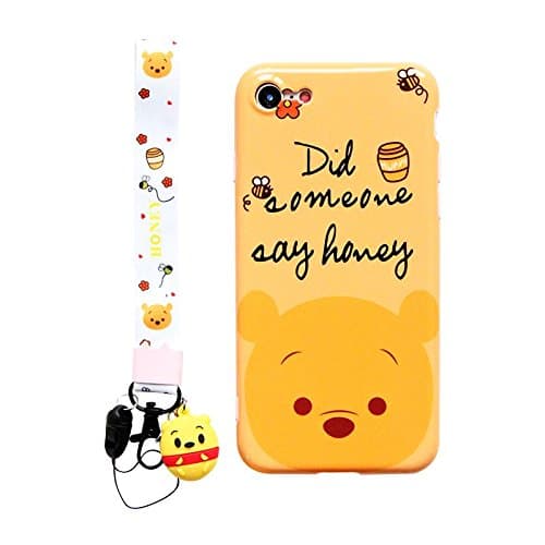 Ultra Slim Soft TPU Winnie The Pooh Bear Doll Case With Strap for iPhone 6Plus / 6sPlus 6+ 6s+ Large Size Yellow Shockproof Shock Proof Smooth 3D Disney Cartoon Cute Lovely Cool Girls Women Teens Kids