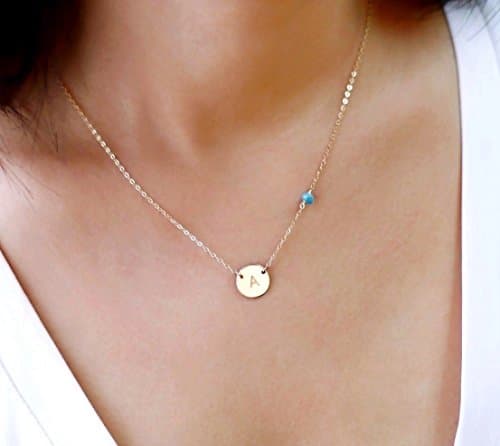 Circle Initial Charm Necklace and Small Gemstone Bead, Personalized Disc Necklace, Turquoise Birthstone Jewelry, 14k Rose Gold Fill, 925 Sterling Silver or 14k Gold fill