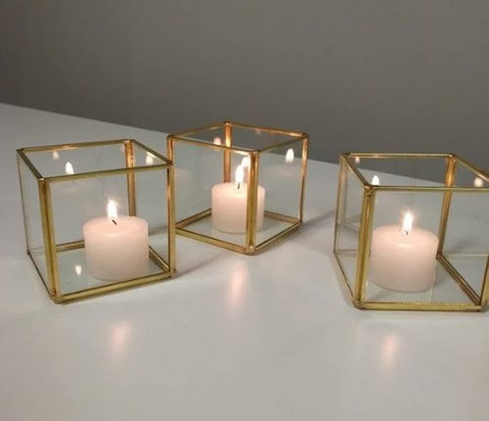 Art India Collections Brass Glass T-Light Votive Candle Box (4 X 4 Inches, Gold)