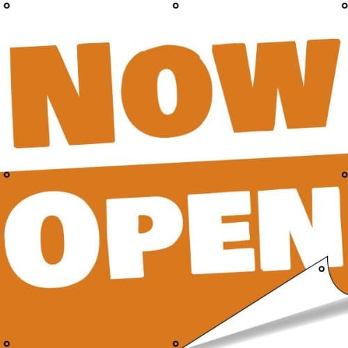 GoBigBanners Now Open Banner Orange 2'x2'