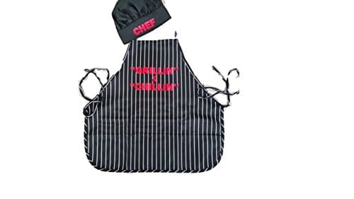GRILLIN & CHILLIN APRON PLUS CHEFS HAT BARBEQUE GIFT SET BLACK & WHITE STRIPE APRON WITH 3 POCKETS BLACK CHEF HAT COMMERCIAL OUTDOOR KITCHEN QUALITY FOR MEN AND WOMEN