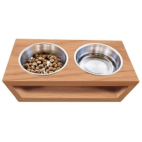 TFKitchen Unfinished Solid Oak Wood Elevated Dog and Cat Pet Feeder, Double Bowl Raised Stand (2 Quart), 3/4" Thick, 18" x 10" x 10" Tall