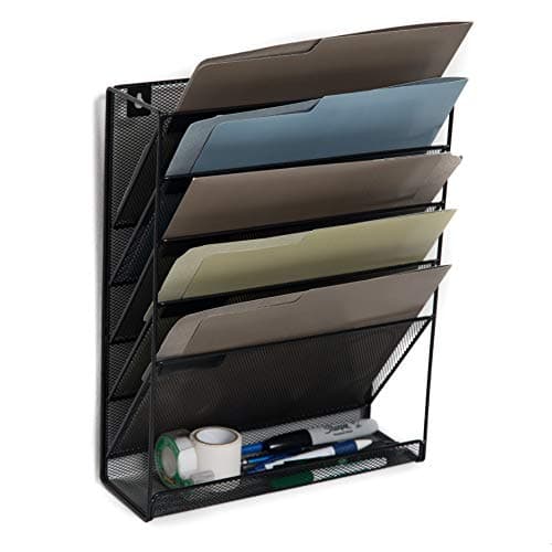 Klickpick Office 5 Sections Hanging Files Wall Mounted Metal Mesh Document File Organizer Magazine Holder Rack Desk Organizer Racks Multipurpose Use to Display Files, Magazine, Newspapers- Black