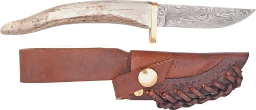 Silver Stag Knives 26 Point Random Damascus Fixed Blade Knife with Antler Tip Stag Handle