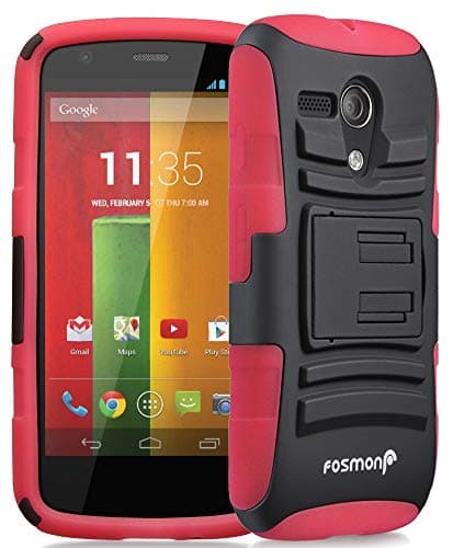 Fosmon STURDY Shock Absorbing Dual Layer Hybrid Holster Cover Kickstand Case for Motorola Moto G (1st Generation Only) / Motorola DVX - Retail Packaging (Red)
