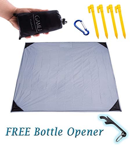 Pocket Blanket for Beach Festival - Camping Hiking Compact Size 55'x60' Fit 4 People - Sand and Waterproof Puncture Resistance with Corner Pocket, Loops, 4 Stakes, Secure Pocket with Zipper