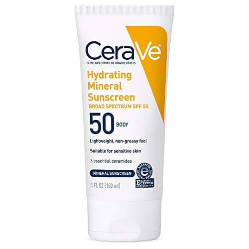 CeraVe 100% Mineral Sunscreen SPF 50 | Body Sunscreen with Zinc Oxide & Titanium Dioxide for Sensitive Skin | 5 oz, 1 Pack