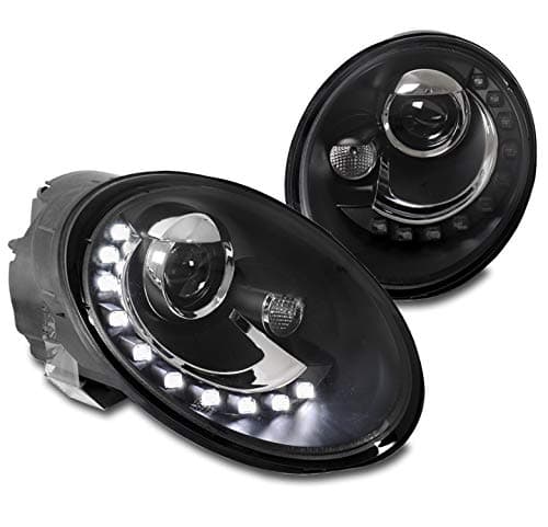 LED DRL Projector Headlights Headlamps Black Compatible with 2006-2010 Volkswagen Beetle