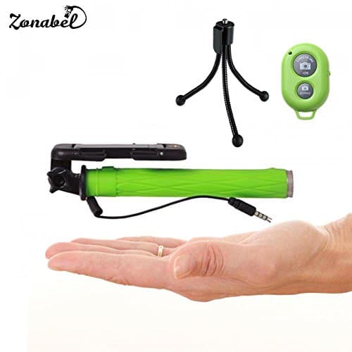 Zonabel Selfie Stick Mini - Pocket Monopod with Built-In Wired Technology - Bonus Bluetooth Remote & Tripod (Green)