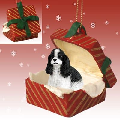 COCKER SPANIEL Dog Black n White Parti sits in a Red Gift Box Christmas Ornament New RGBD15E