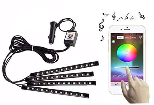 Car LED Strip Lights 4pcs 48 LED Bluetooth App Controller Interior Lights for Car Multi Color Music Car Strip Light Under Dash Lighting Kit with Sound Active Function