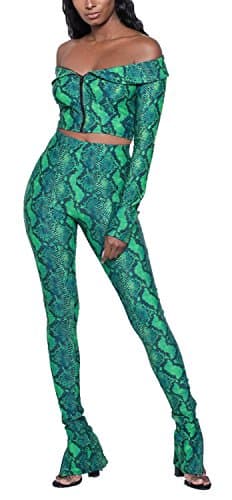 Yiershu Women s Sexy Floral Ruffles Off Shoulder 2 Pieces Outfits Casual Bodycon Long Sleeve Jumpsuits Rompers Green X Large