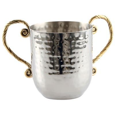 2-Handled Hammered Stainless Steel Washing Cup for Ritual Hand Washing Shabbat and Holidays with Brass Handles